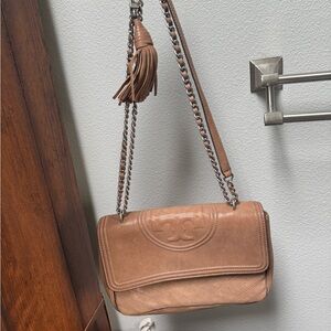 Tory Burch Tan Leather Crossbody Bag with Chain Strap